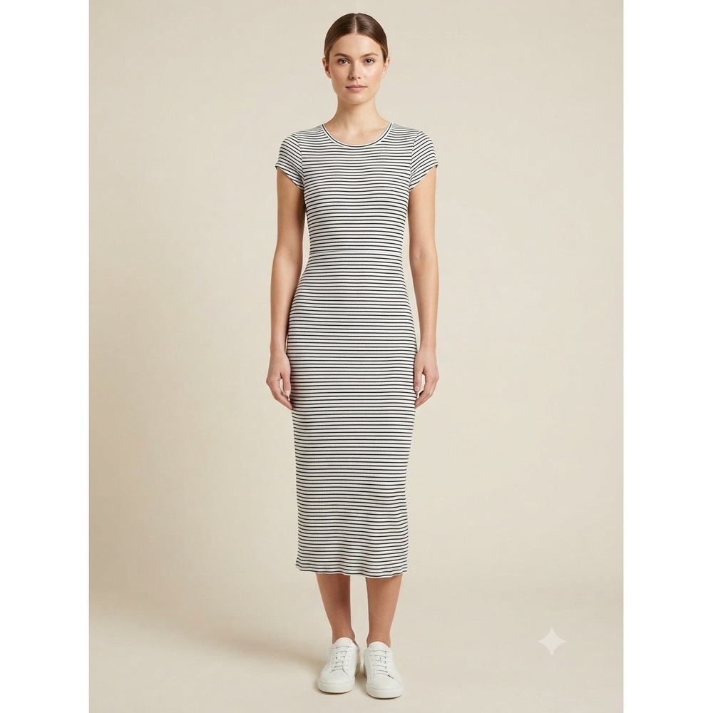 Club Monaco Dress Womens Small White Navy Striped Short Sleeve Bodycon Midi